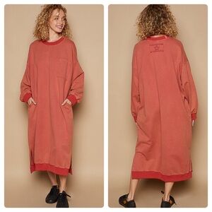 🆕 POL - Cozy French Terry Long Dress - Pockets - Star Embroidery - 100% COTTON